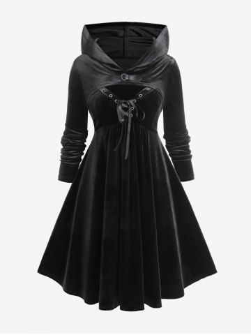 Plus Size Lace-up Grommets Velvet Cami Dress and Hooded Shrug Top - BLACK - L | US 12