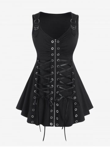 Lace Up Grommets Full Zipper Gothic Tank Top - BLACK - 1X | US 14-16