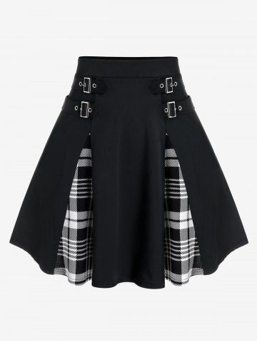 Plus Size Gothic Plaid Buckles High Waisted A Line Mini Skirt - BLACK - M | US 10