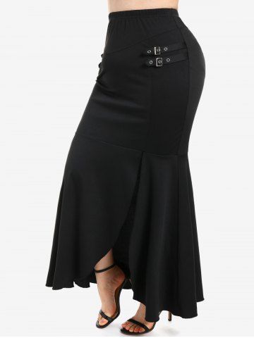 Plus Size Buckles Slit Flounce Bodycon Solid Maxi Skirt - BLACK - 1X | US 14-16