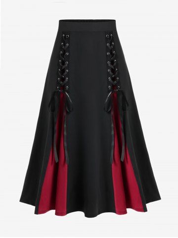 Halloween Vampire Costume Gothic Lace Up Two Tone Godet Hem Midi A Line Victorian Walking Skirt