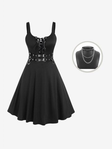 Lace Up Grommets Fit and Flare Dress And Layered Rivet PU Leather Chain Choker Gothic Outfit