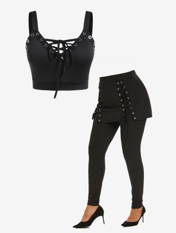 Plus Size Lace-up Grommet Backless Cropped Top And Plus Size Lace Up Skirted Pull On Pants Gothic Outfit