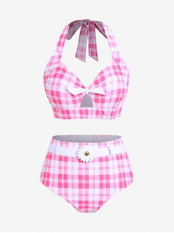 Maillot de Bain Tankini Matelassé de Grande Taille à Col Halter avec Nœud Papillon - LIGHT PINK - 1X | US 14-16