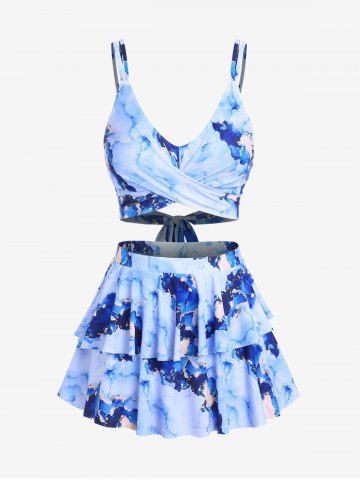 Plus Size Marble Printed Padded Wrap Top and Layered Skort Tankini Swimsuit - BLUE - M | US 10