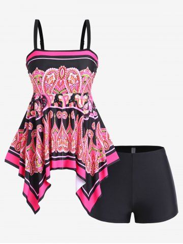 Plus Size Paisley Printed Padded Boyleg Hankerchief Tankini Swimsuit - LIGHT PINK - 1X | US 14-16