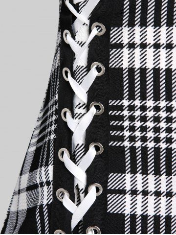 Plus Size & Curve Lace Up Full Zipper Plaid Tank Top