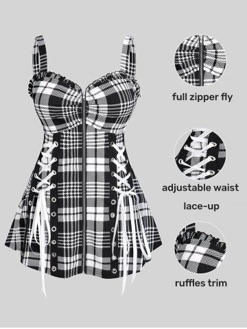 Plus Size & Curve Lace Up Full Zipper Plaid Tank Top
