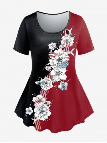T-shirt Imprimé à Fleurs et Drapeau Américain Grande Taille - BLACK - 4X | US 26-28