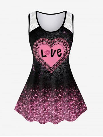 Plus Size Valentines Glitter Heart Love Printed Lace Panel Top