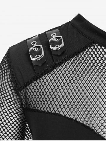 Gothic Sheer Fishnet Panel Buckled Long Sleeve Top