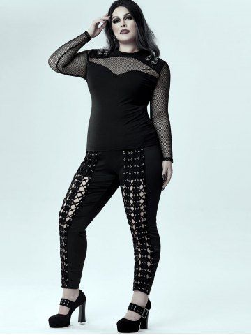 Gothic Sheer Fishnet Panel Buckled Long Sleeve Top