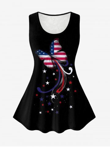 Plus Size Butterfly American Flag Stars Printed Lace Panel Patriotic Top - BLACK - 2X | US 18-20
