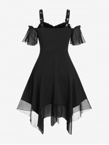 Gothic Plus Size Cold Shoulder Lace Up Grommet Handkerchief Chiffon Asymmetric Dress