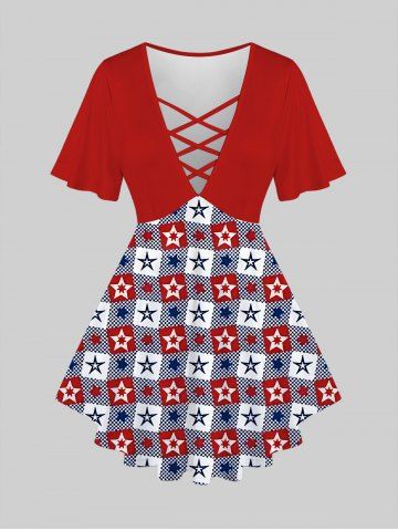 Plus Size Crisscross Stars Plunging Patriotic Tee - DEEP RED - M | US 10