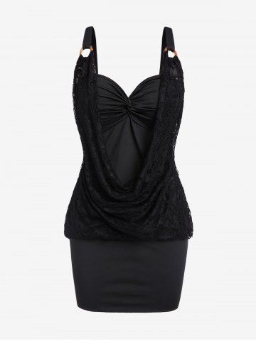 Plus Size Lace Panel Twist 2 in 1 Blonsou Mini Bodycon Dress - BLACK - 5X | US 30-32