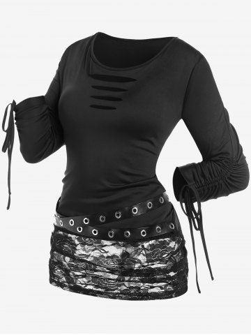 Plus Size Cinched Sleeves Ripped Grommets Lace Panel Tee