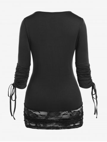 Plus Size Cinched Sleeves Ripped Grommets Lace Panel Tee