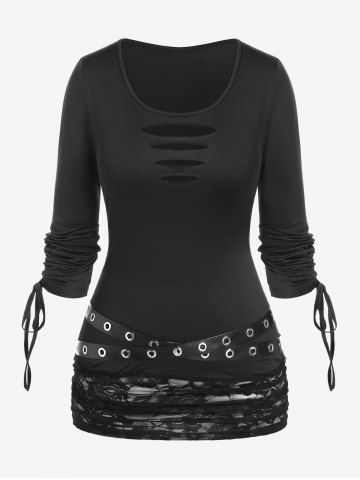 Plus Size Cinched Sleeves Ripped Grommets Lace Panel Tee