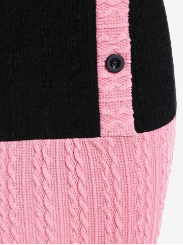 Plus Size Cowl Neck Cable Knit Two Tone Bodycon Mini Dress with Buttons