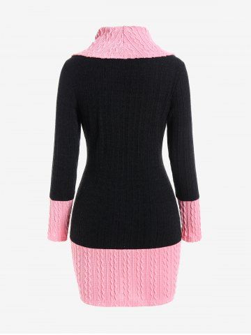Plus Size Cowl Neck Cable Knit Two Tone Bodycon Mini Dress with Buttons