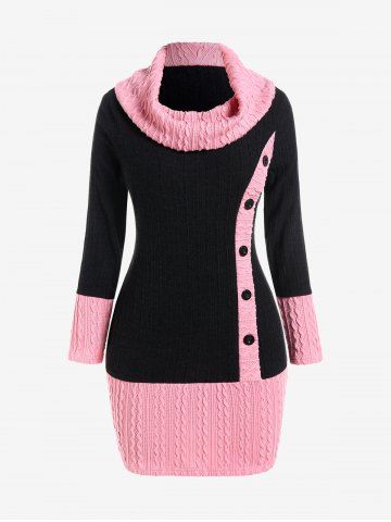 Plus Size Cowl Neck Cable Knit Two Tone Bodycon Mini Dress with Buttons - LIGHT PINK - 4X | US 26-28