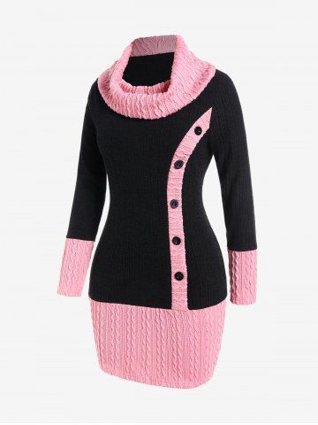 Plus Size Cowl Neck Cable Knit Two Tone Bodycon Mini Dress with Buttons