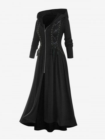 Gothic Plus Size Hooded Lace Up Front Zipper High Low Maxi Coat