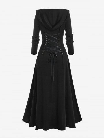 Gothic Plus Size Hooded Lace Up Front Zipper High Low Maxi Coat
