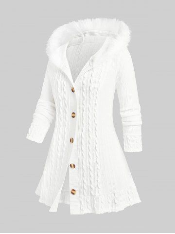 Plus Size Fuzzy Trim Hooded Cable Knit Cardigan