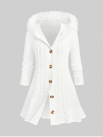 Plus Size Fuzzy Trim Hooded Cable Knit Cardigan - WHITE - M | US 10