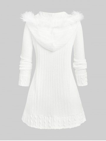 Plus Size Fuzzy Trim Hooded Cable Knit Cardigan