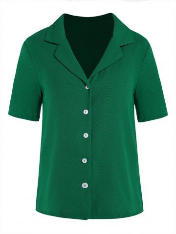 Solid Color Notched Collar Short Sleeve Shirt - DEEP GREEN - XS