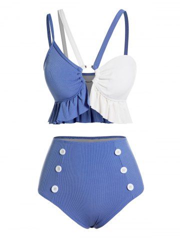 Two Tone Flounce Mock Button High Waist Bikini Swimsuit - BLUE - XXL