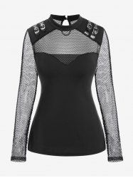 Haut Gothique Bouclé Panneau en Résille Transparent à Manches Longues - Noir 2X | US 18-20