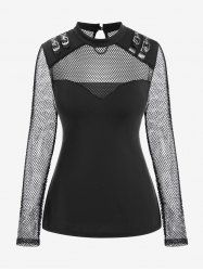 Gothic Sheer Fishnet Panel Buckled Long Sleeve Top -  