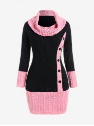 Plus Size Cowl Neck Cable Knit Two Tone Bodycon Mini Dress with Buttons -  