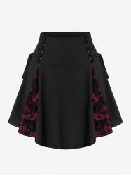 Gothic Lace Panel Two Tone A Line Mini Skirt with Lace Up -  