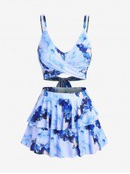 Plus Size Marble Printed Padded Wrap Top and Layered Skort Tankini Swimsuit -  