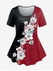 T-shirt Imprimé à Fleurs et Drapeau Américain Grande Taille - Noir 4X | US 26-28