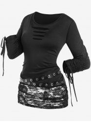 Plus Size Cinched Sleeves Ripped Grommets Lace Panel Tee -  
