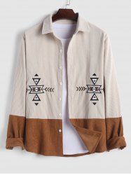 Chemise Ethnique Motif Géométrique Brodée Bicolore à Manches Longues en Velours Côtelé - café lumière XXL