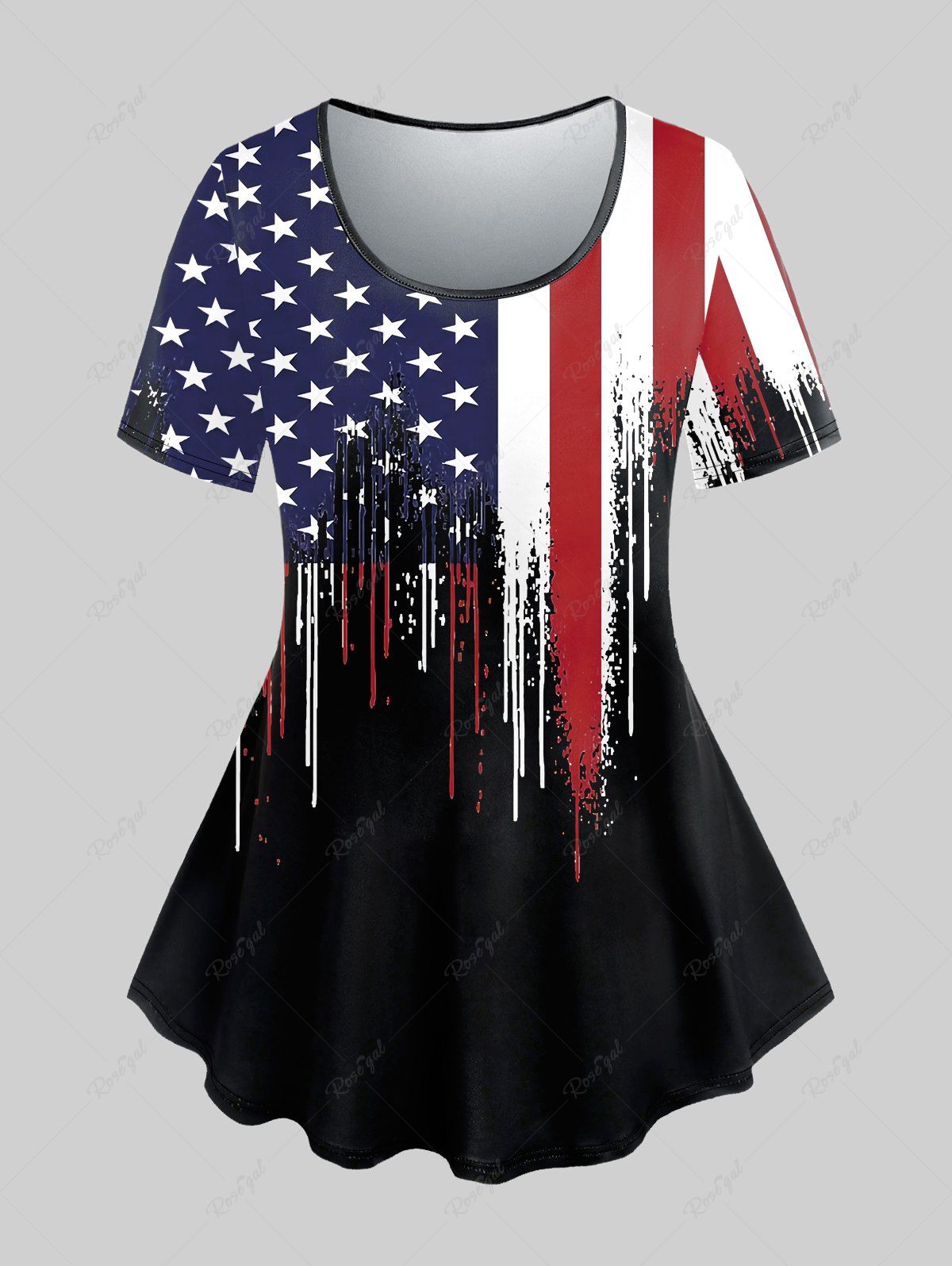T-shirt à Imprimé Drapeau Américain Patriotique à Manches Courtes Grande Taille Noir 4X | US 26-28