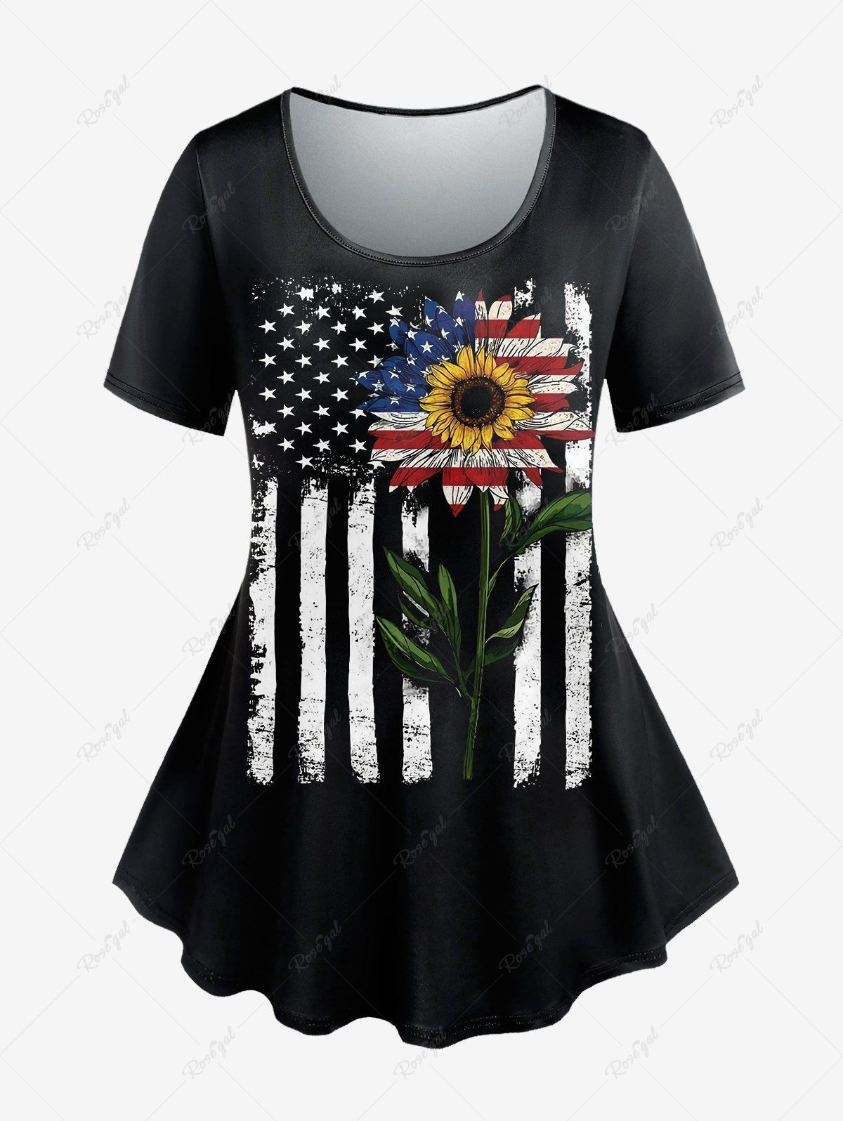T-shirt Patriotique à Tournesol Imprimé Grande Taille Noir 4X | US 26-28
