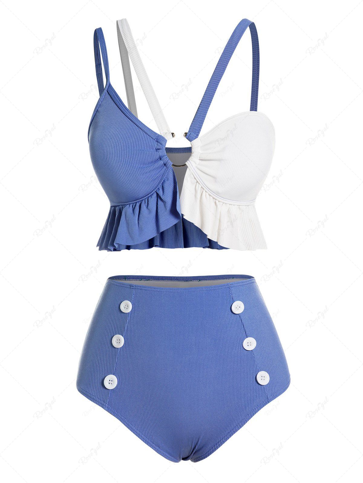 Store Two Tone Flounce Mock Button High Waist Bikini Swimsuit  