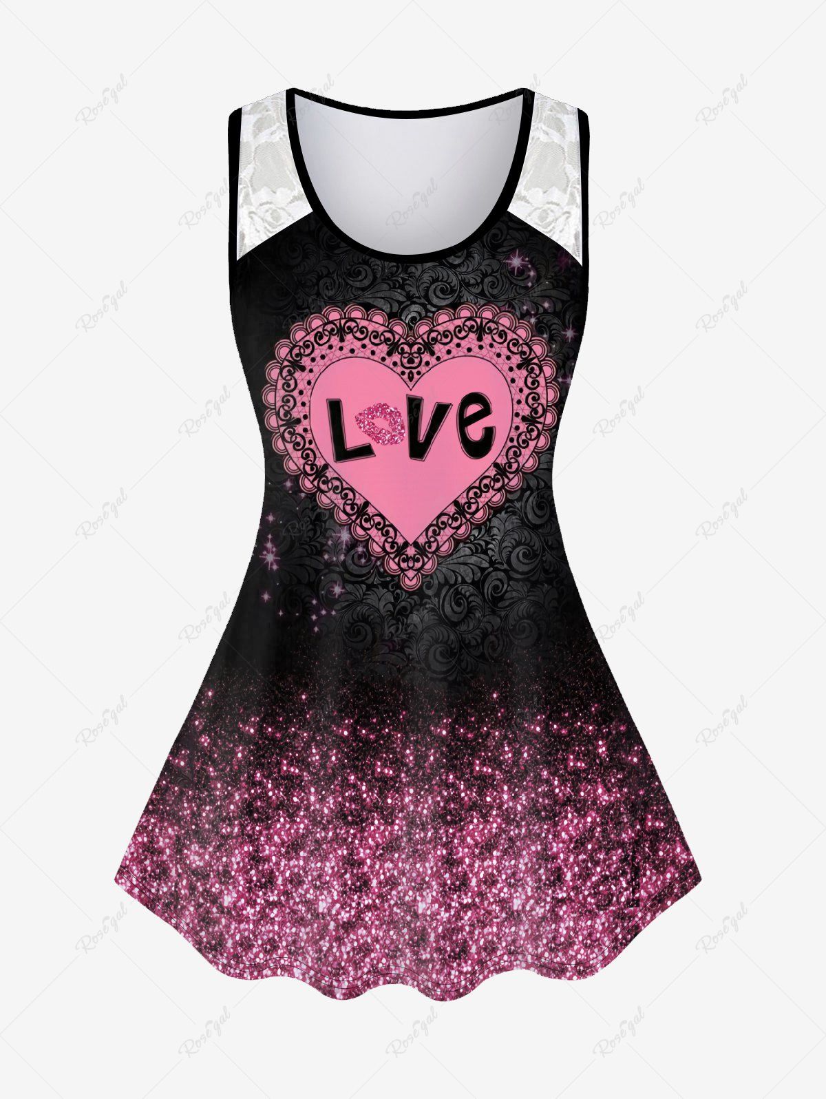 Best Plus Size Valentines Glitter Heart Love Printed Lace Panel Top  