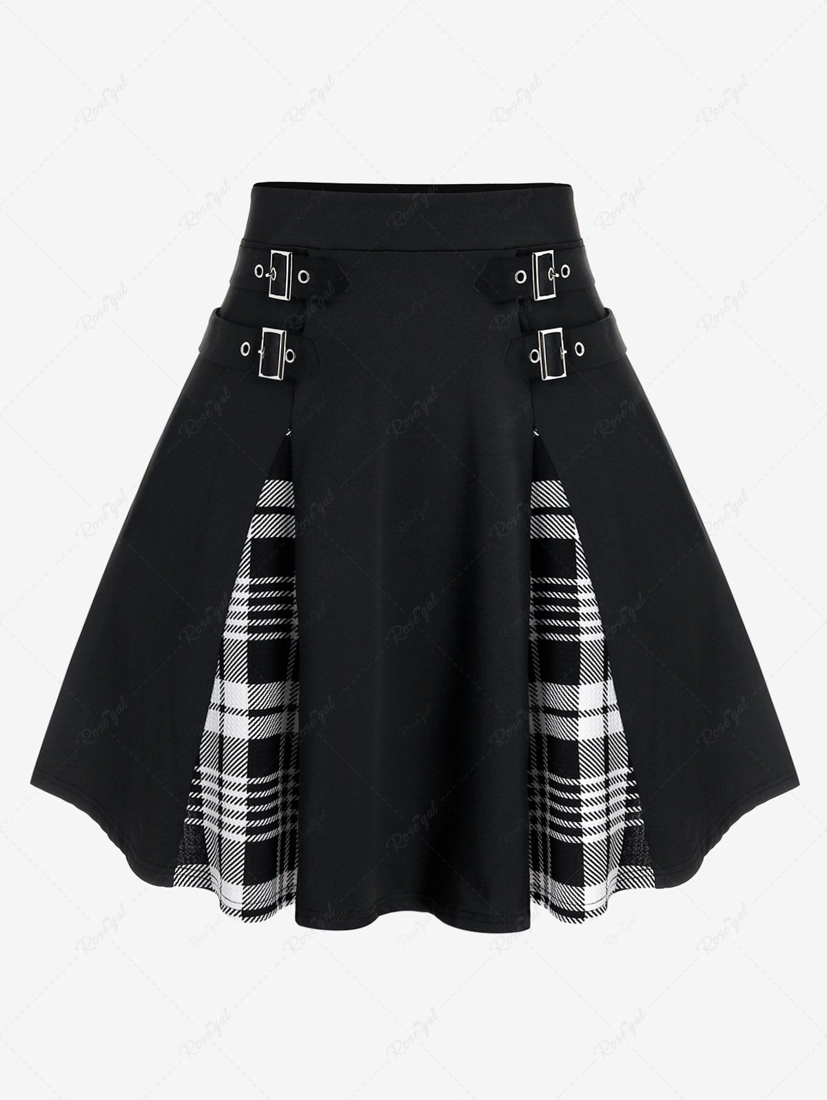 Fashion Plus Size Gothic Plaid Buckles High Waisted A Line Mini Skirt  