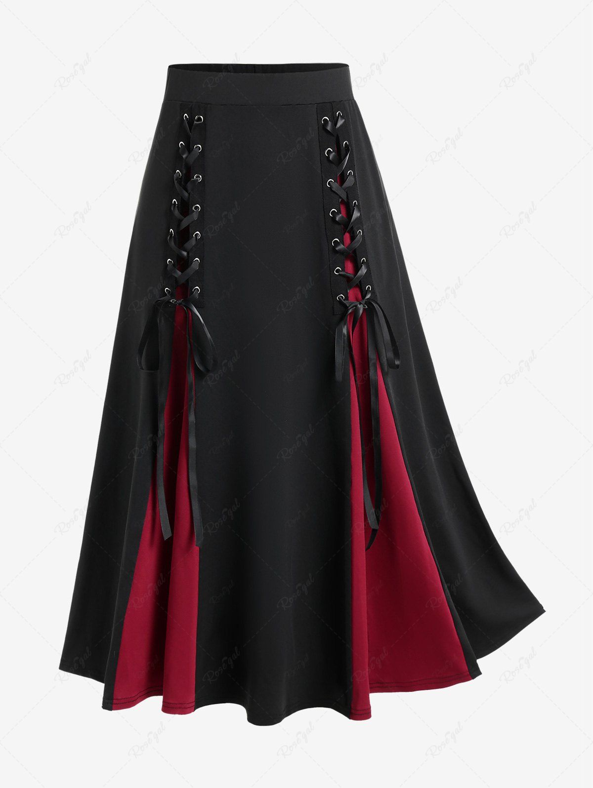 Fancy Gothic Lace Up Two Tone Godet Hem Midi A Line Victorian Walking Skirt  