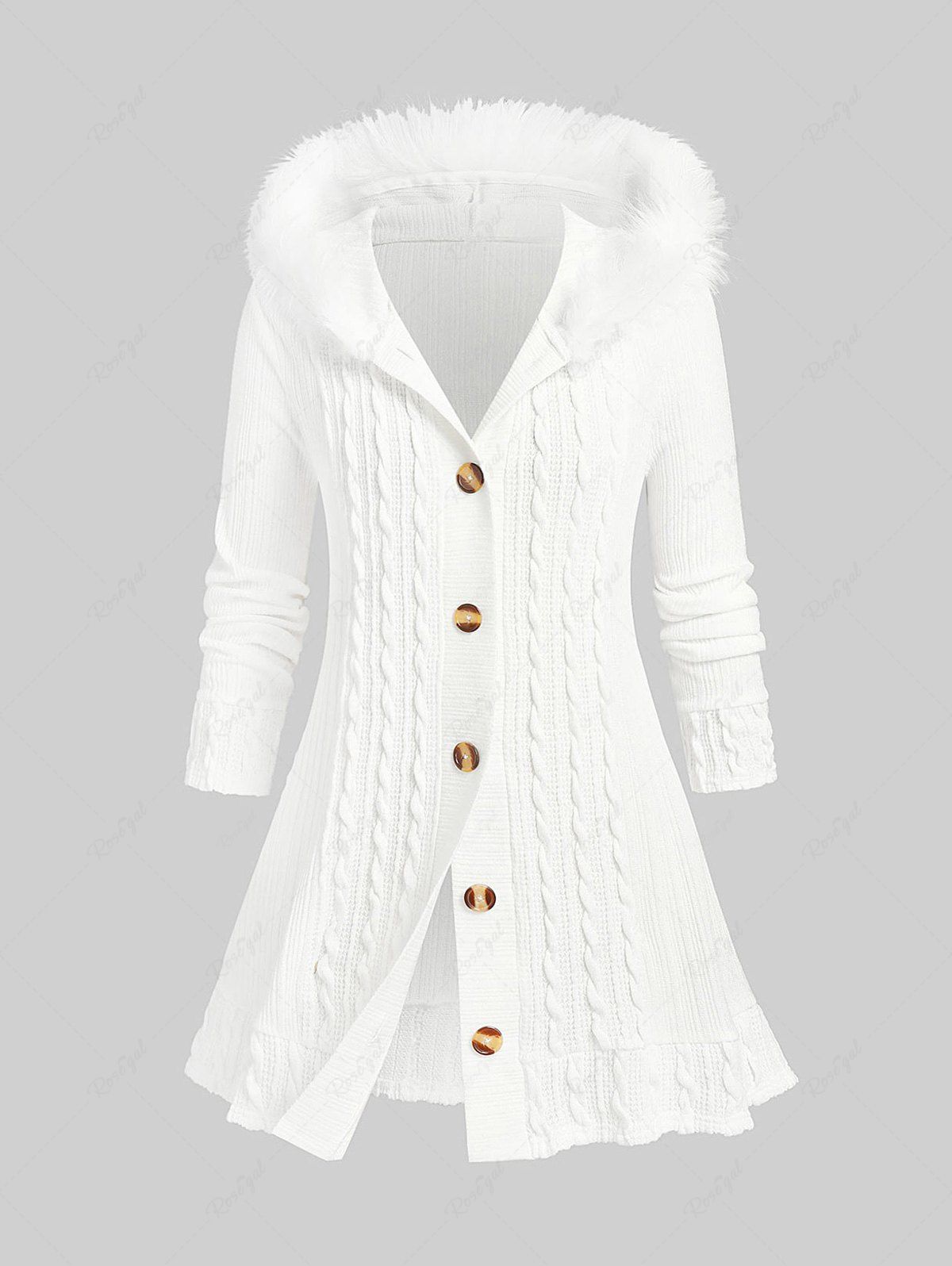 New Plus Size Fuzzy Trim Hooded Cable Knit Cardigan  
