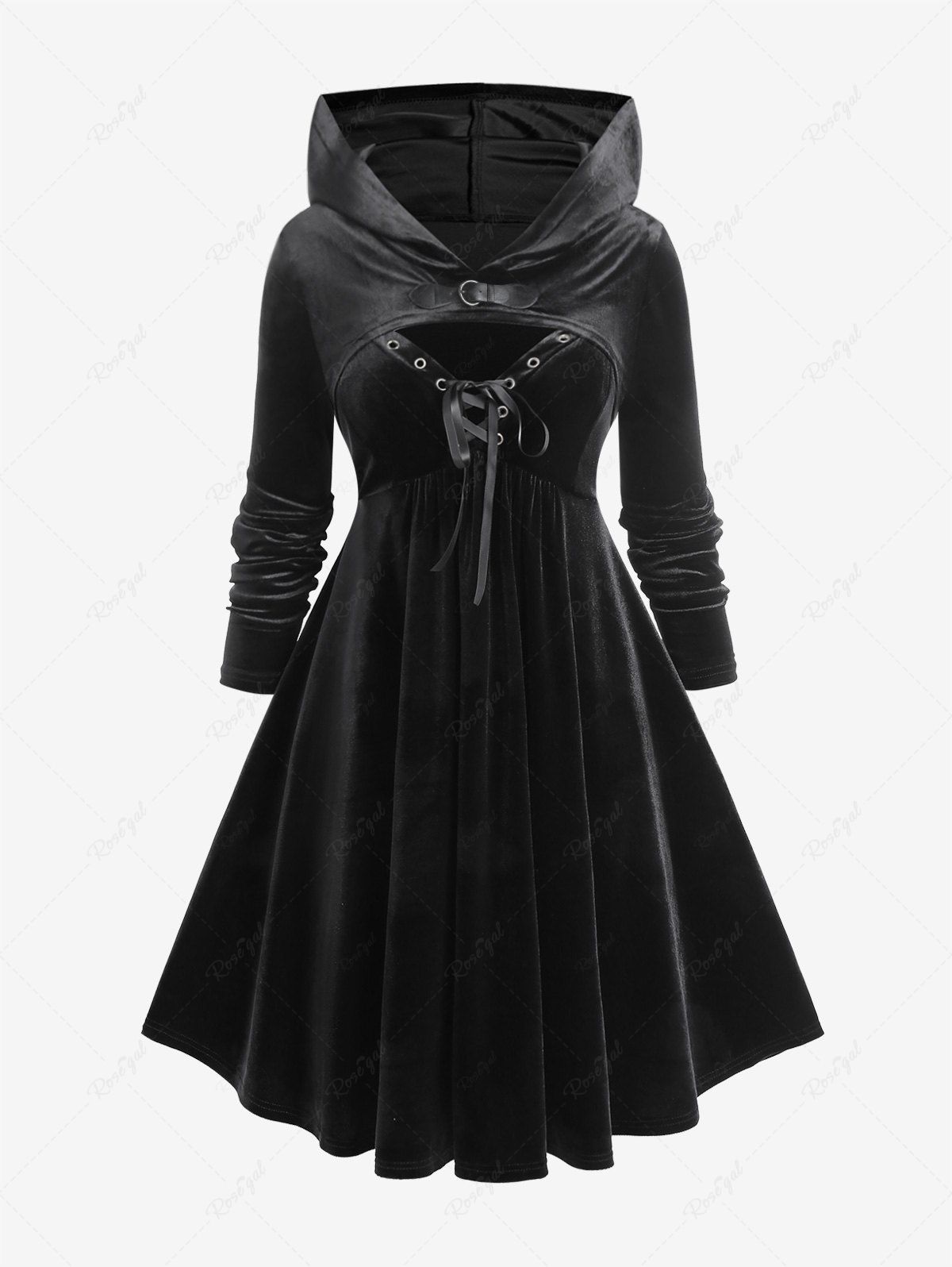 Trendy Plus Size Lace-up Grommets Velvet Cami Dress and Hooded Shrug Top  